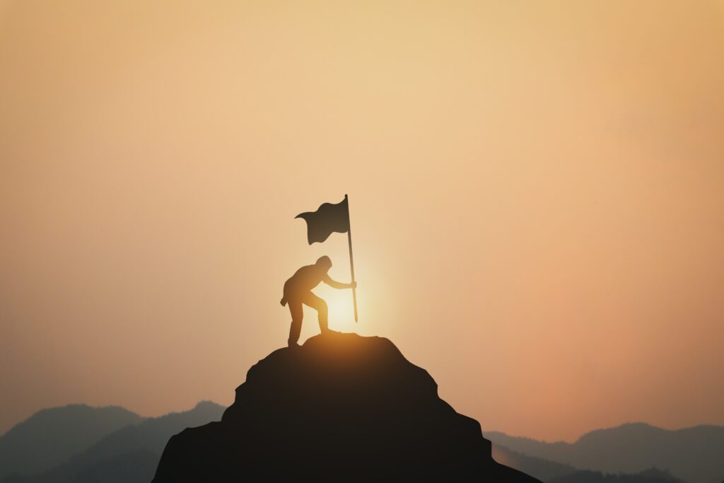 Sunset, Mountain peak, Flag, Man, From colleague to superior