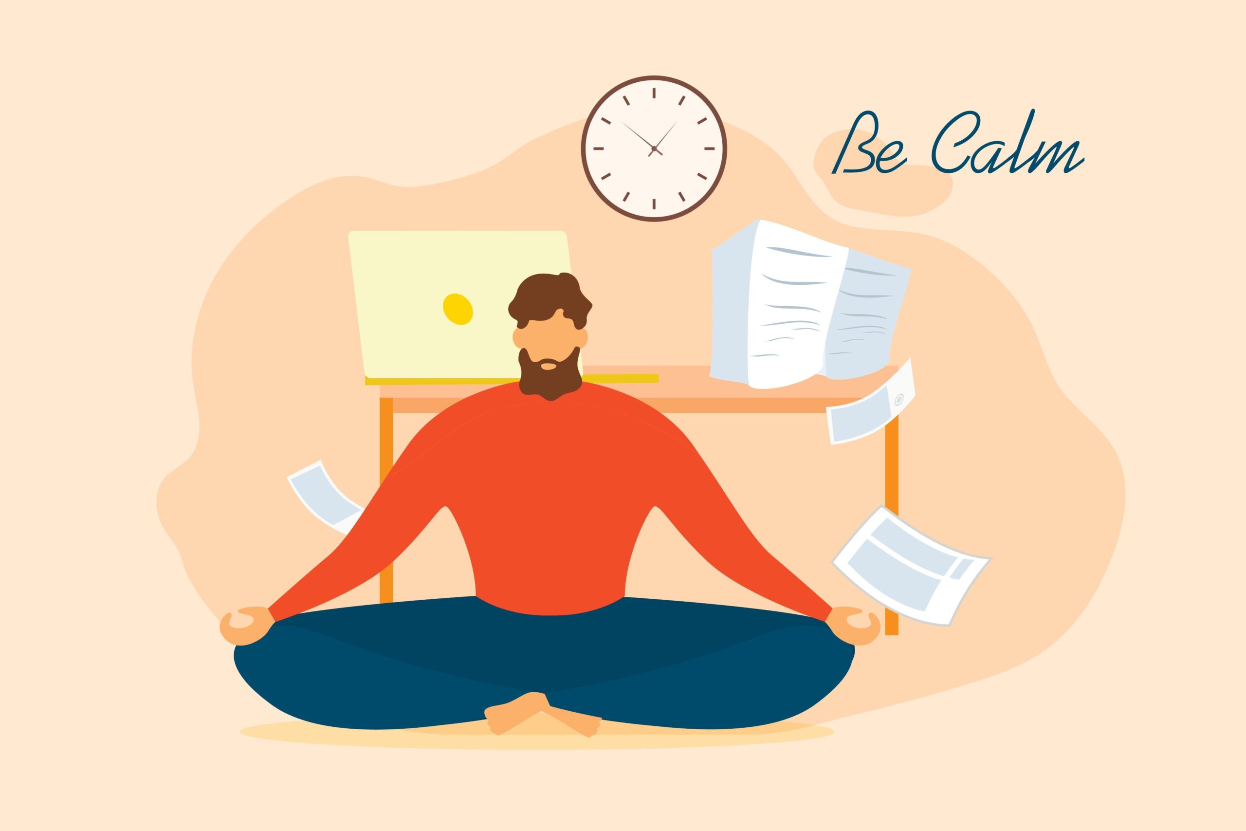 Stress reduzieren, Be Calm. Cartoon Man Meditate in Office. Stress Relief Vector Illustration. Reduce, Stage Academy