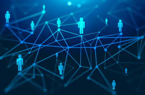 hybrid leadership, digital image, light blue people, networking